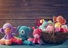 Amigurumi toy animals next to a basket