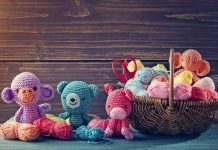 Amigurumi toy animals next to a basket